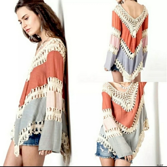 Threadzwear Tops - Crochet trim & fringe colorblock top